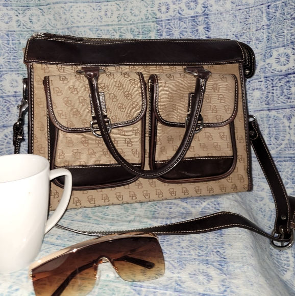 Dooney & Bourke Handbags - Dooney & Bourke Signature Fabric Double Pocket Tote Brown *Tmoro Leather